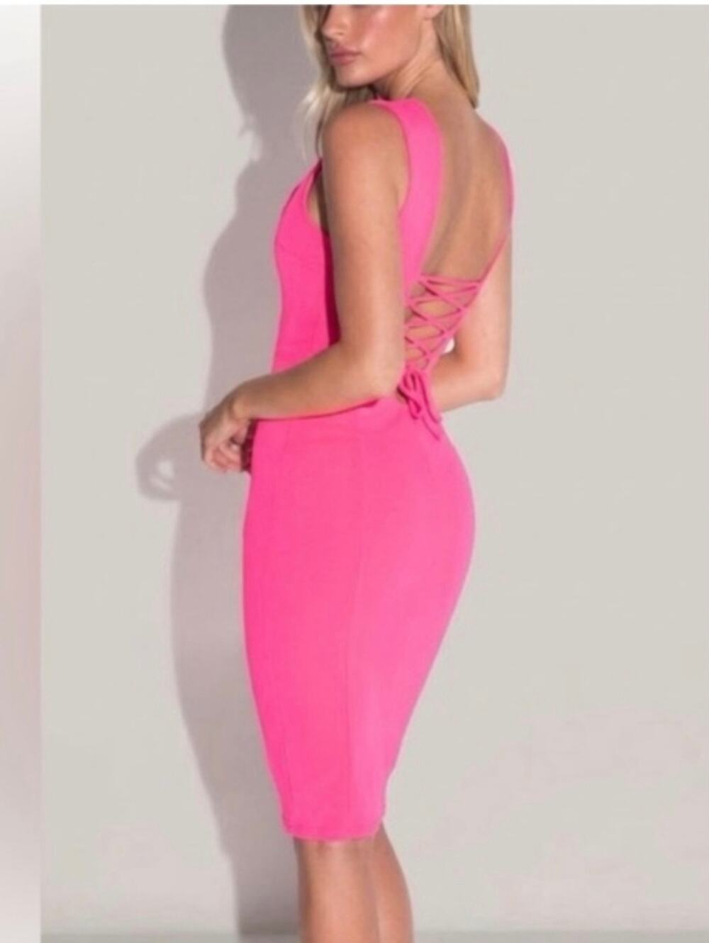 TA3 Corset Shaping Ponte Squarey Bright Pink Pencil Dress Large Midi NWT